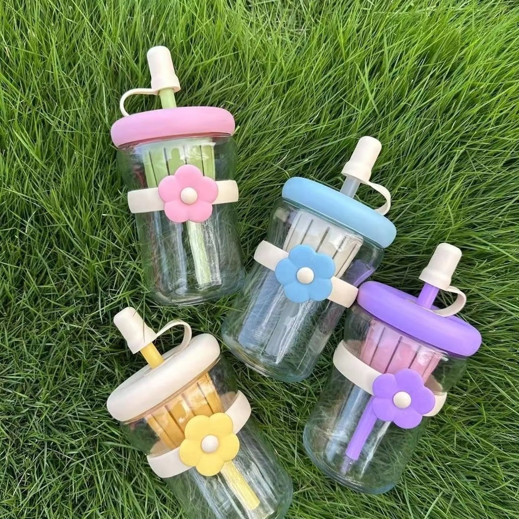 500ml Lovely Cartoon Flower Glass Cup Cute Juice Mulk Water Bottle with Infuser Drinkware for Girls