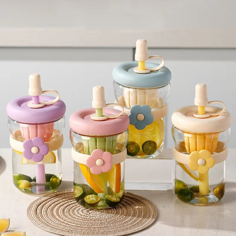 500ml Lovely Cartoon Flower Glass Cup Cute Juice Mulk Water Bottle with Infuser Drinkware for Girls