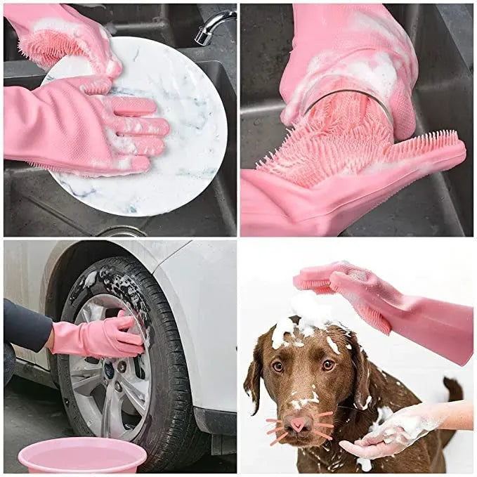 Reusable Magic Dish washing Gloves with scrubber, Silicone Cleaning, Scrub Gloves for Wash Dish, Car Washing, Kitchen, Bathroom Multipurpose Usage