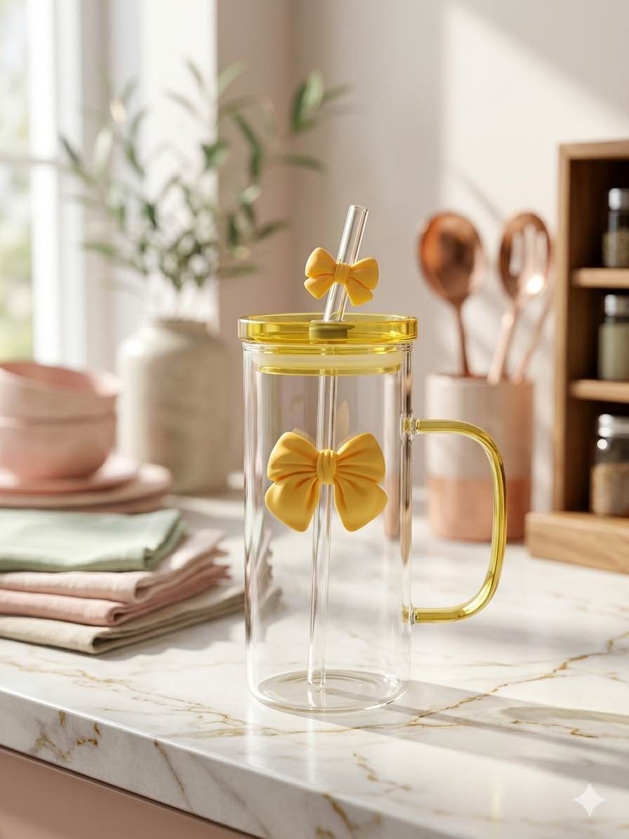 Cute Bow Glass Tumbler with Straw & Handle – 400ml sipper