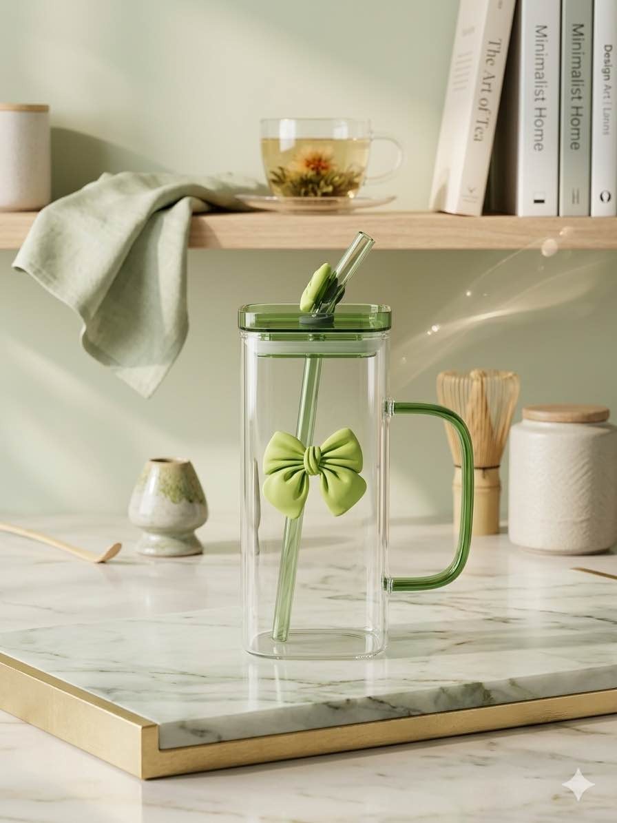 Cute Bow Glass Tumbler with Straw & Handle – 400ml sipper
