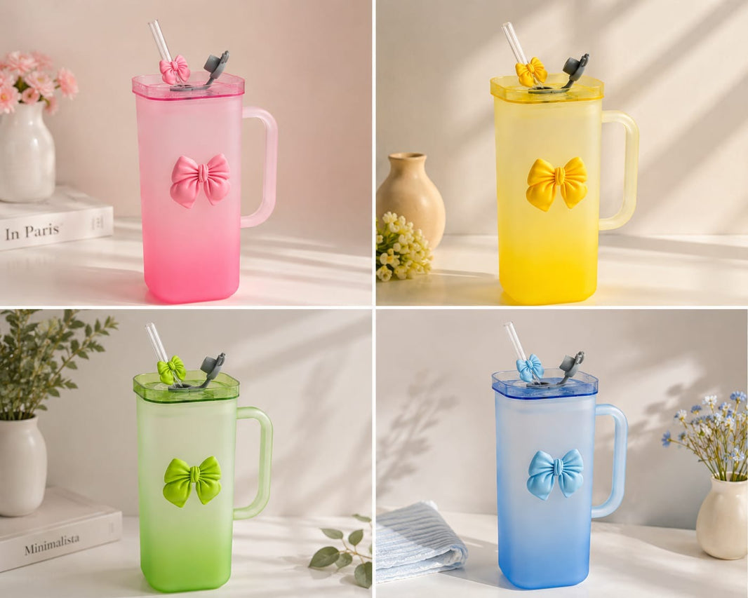 Cute Bow Frosted Glass Coffee Mug 350ml | Aesthetic Milk Tea Cup with Handle
